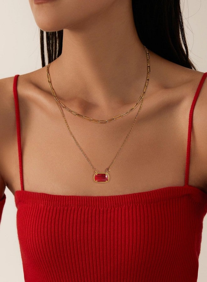Lourny Gemstone Birthstone Pendant Layered Necklace for Women Trendy, 18K Gold Plated Paperclip Chain Preppy Choker Charm Necklace for Women Wife Jewelry (Red) - Image 2